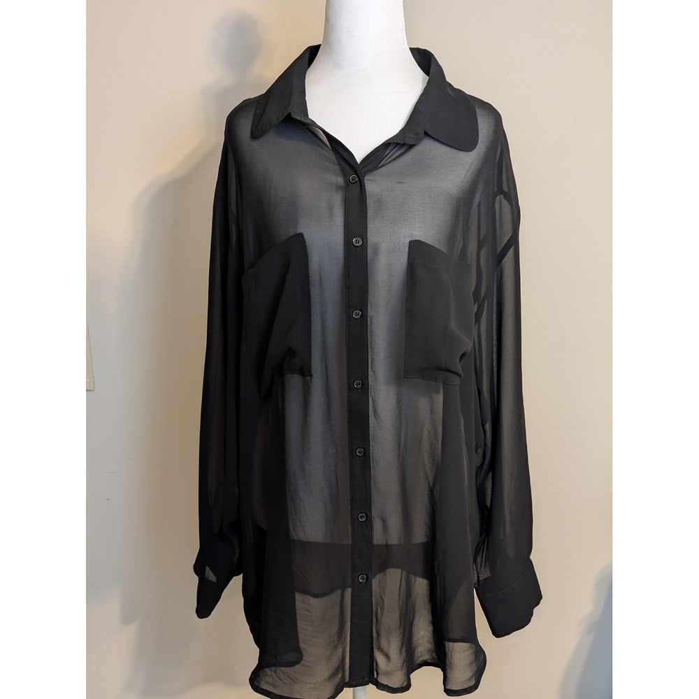 Black Sheer Button Down Top Large Chiffon Oversized Blouse Whimsigoth Witchy